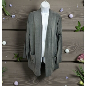 Cielo Gray Open Sweater Top Sz L Long-Sleeve Long Fit Blouse Pockets Layering